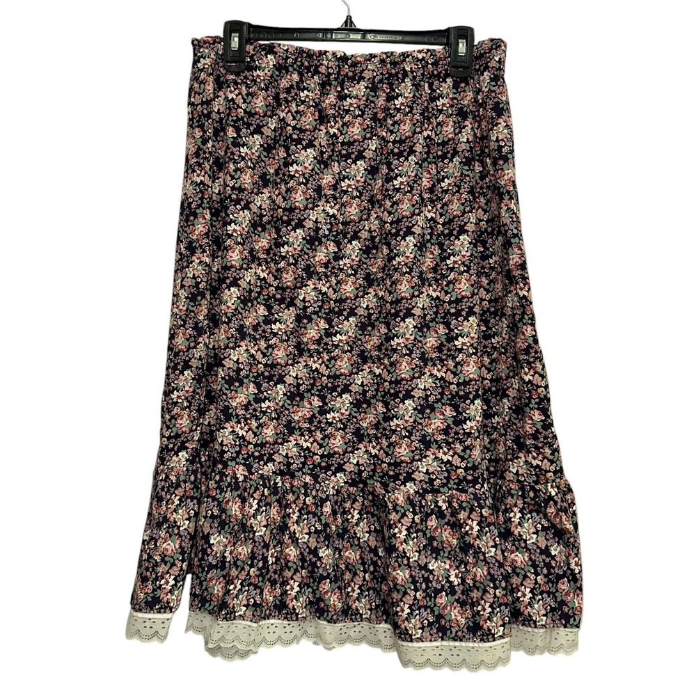 Vintage Gap Union Made Floral Midi Skirt 13 Cottagecore Lace Trim A-Line Boho